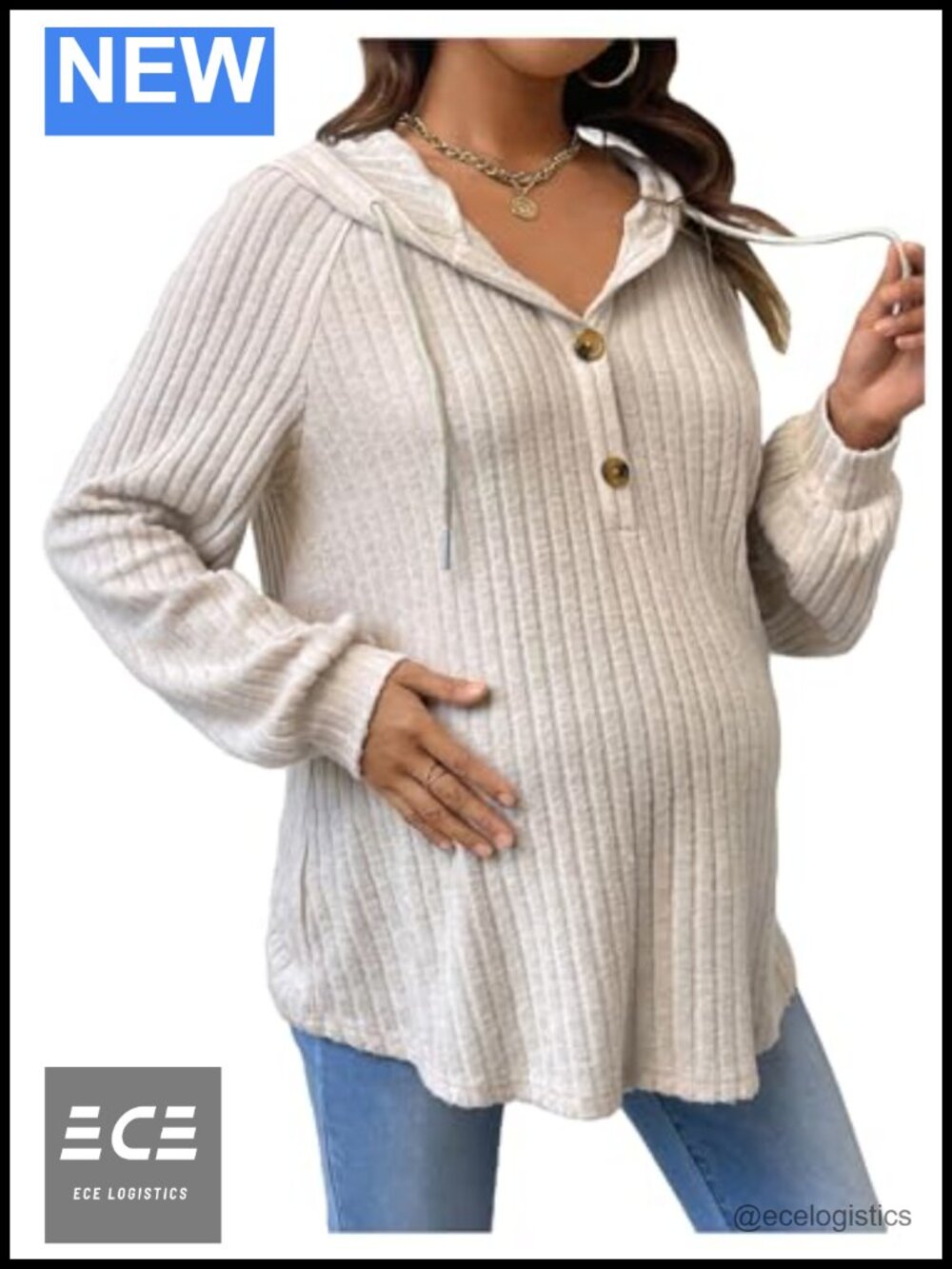 Maternity Hoodie Sweatshirt Drawstring Button Knitted Pullover Top